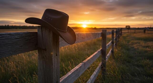 Chapéu de cowboy sobre uma cerca no campo ao pôr do sol